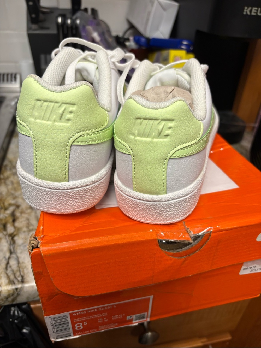 Nike Women’s White Sneakers with Light Green Swoosh - Picture 3 of 6